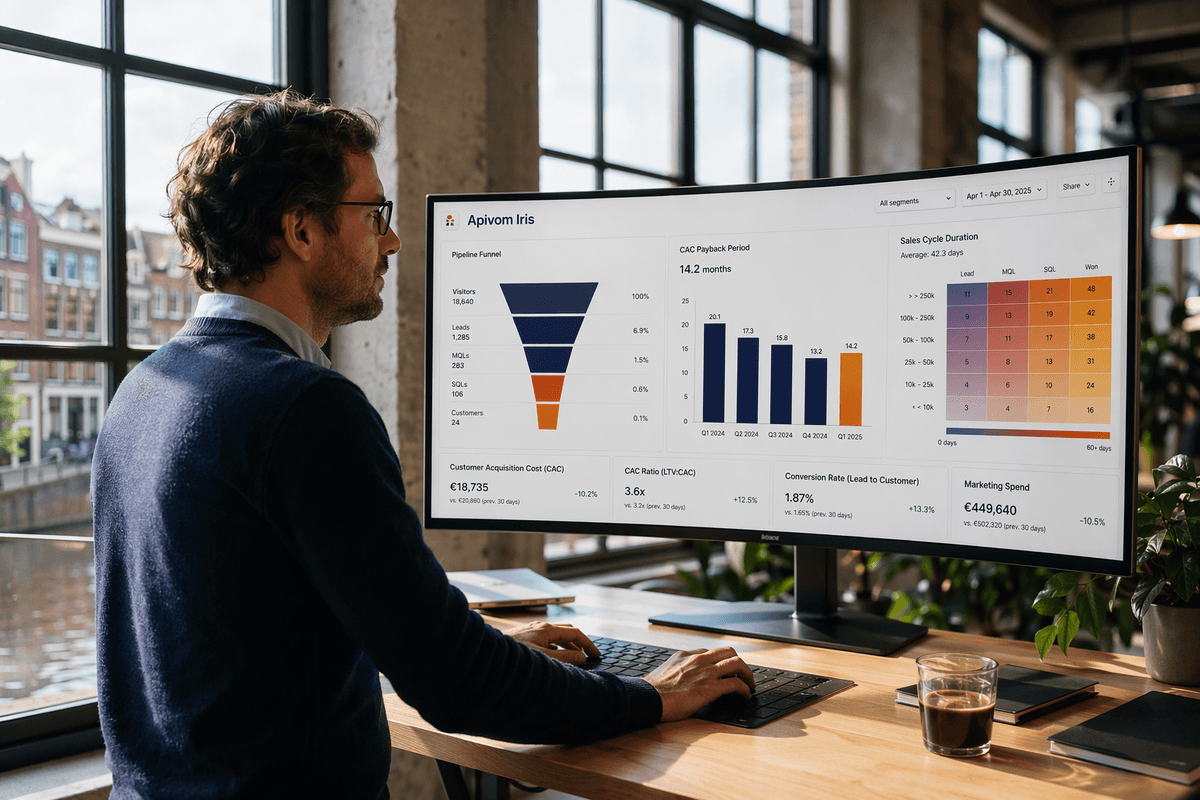 Un analyste de données examine sur un moniteur grand format un tableau de bord du coût d’acquisition client B2B, avec des graphiques de délai de récupération du CAC et des entonnoirs de conversion du pipeline, dans un bureau moderne d’Amsterdam