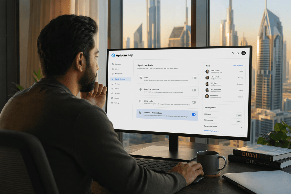 Un administrateur informatique examine un tableau de bord d’identité Apivom Key listant le SSO, les codes à usage unique, la connexion via les réseaux sociaux et une option activée pour les passkeys et la connexion sans mot de passe