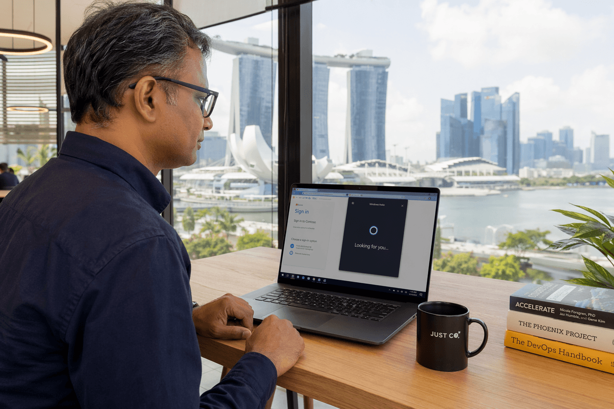 Un homme regarde la webcam de son ordinateur portable Windows pendant que Windows Hello l’authentifie sur une page de connexion sans mot de passe, avec la silhouette de Marina Bay en arrière-plan