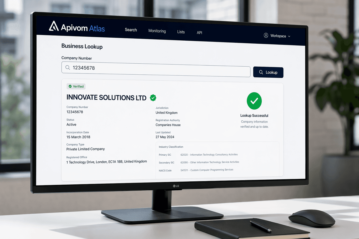 Interface de l’API Apivom Atlas de vérification d’entreprise