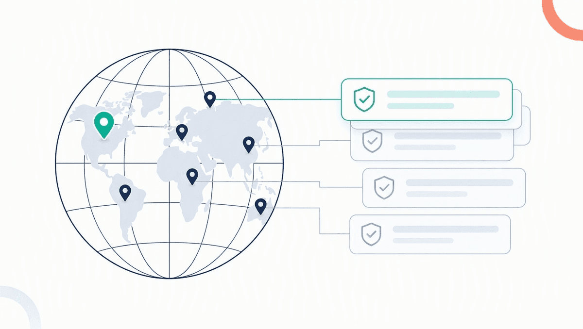 Illustration of a globe with map pins connected by lines to a stack of registry record cards, each marked with a shield and a check mark
