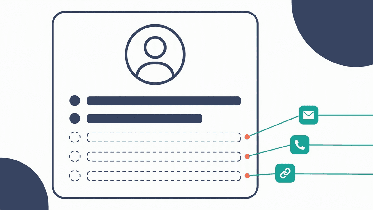 Illustration d’une fiche de contact dont les champs vides se remplissent d’une adresse e-mail, d’un numéro de téléphone et d’un lien de profil