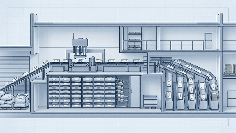 Architectural blueprint illustration of an envelope sorting facility with verification, archiving, and routing stages shown as separate physical zones.