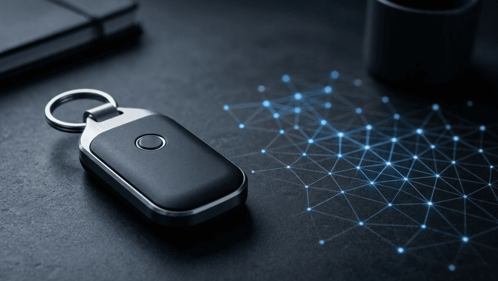 A security key fob resting beside an abstract network grid on a dark surface, representing controlled API access.