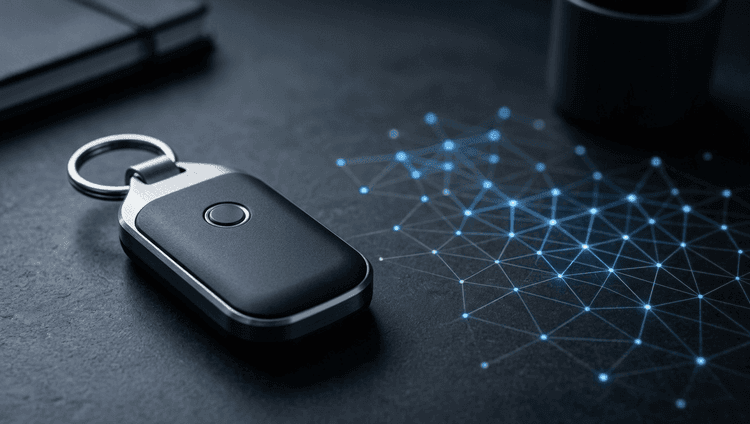 A security key fob resting beside an abstract network grid on a dark surface, representing controlled API access.
