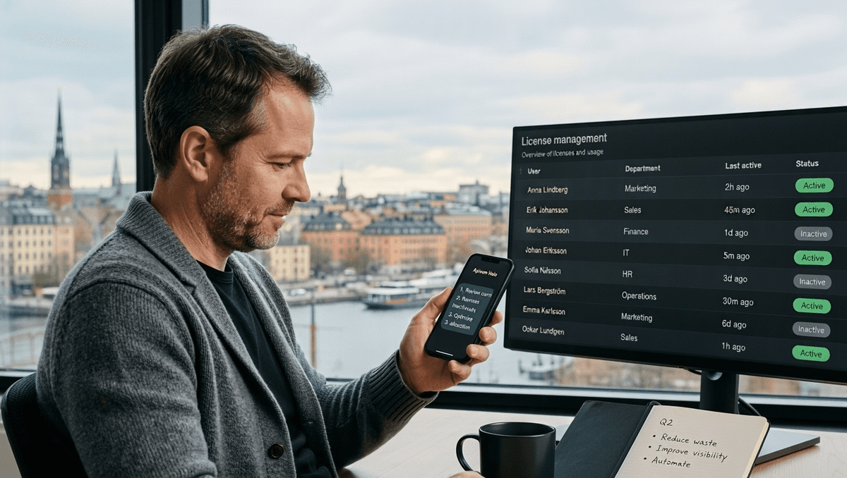 In an office, an IT administrator reading an Apivom Halo chat on their phone in front of a monitor showing a license management table