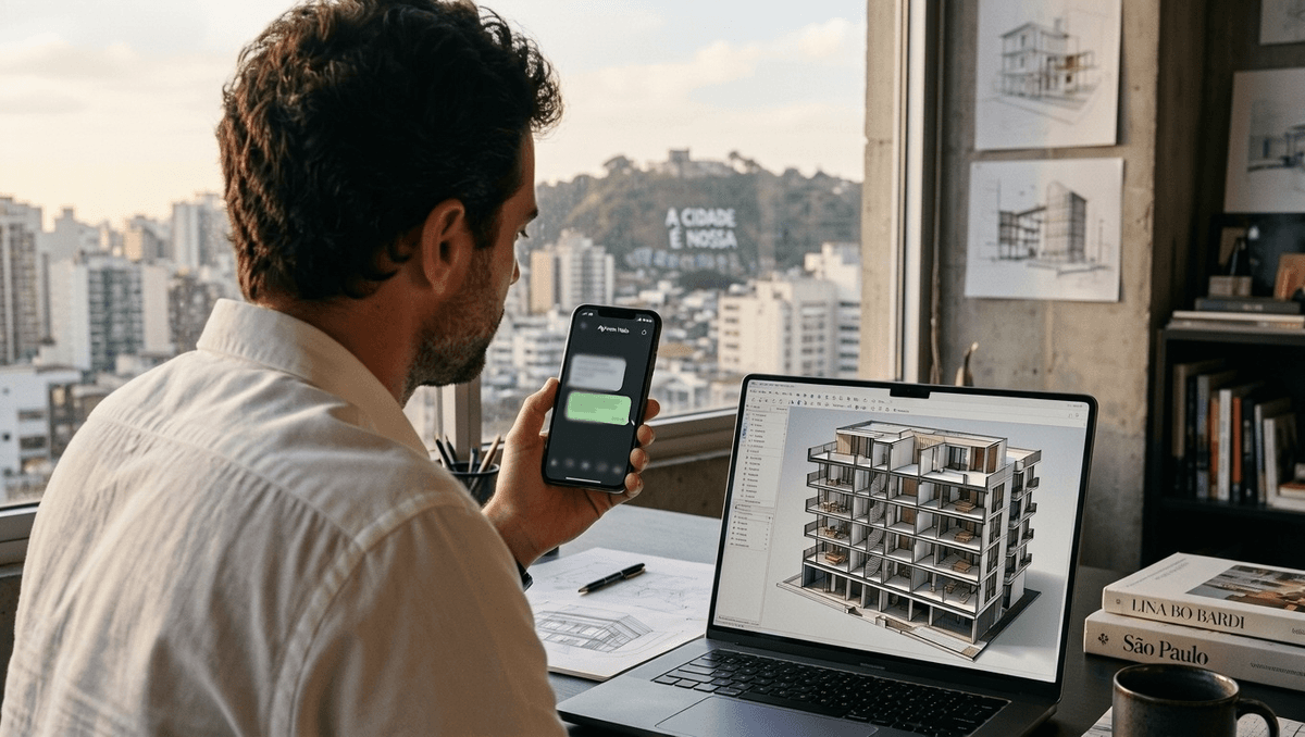 An architect in a studio holding a smartphone showing an Apivom Halo chat, next to a laptop displaying a 3D model of a multi-storey building