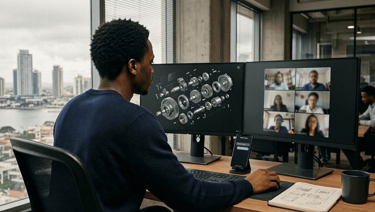 A mechanical designer's desk with a 3D assembly on one monitor and a video-meeting grid on the other, a phone with a chat open between them