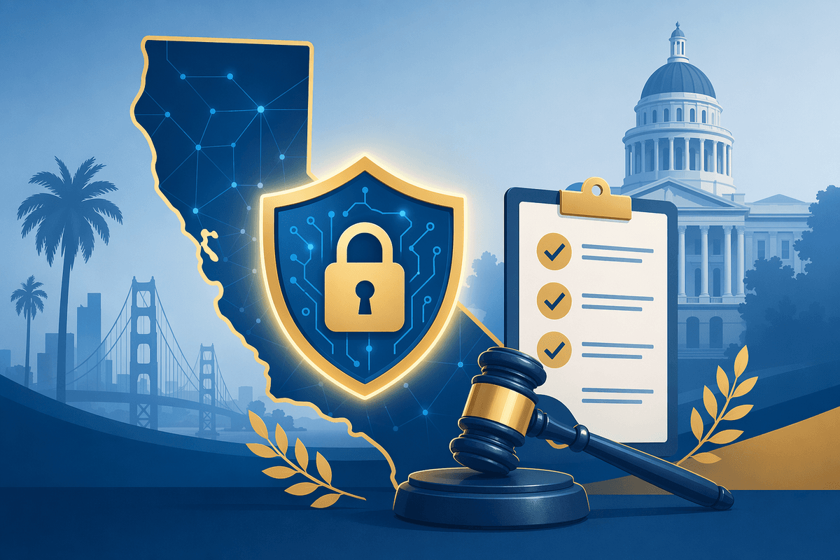 Silhouette de l’État de Californie avec un bouclier de données, une liste de contrôle d’audit et un marteau de juge, pour l’application de la loi en 2026