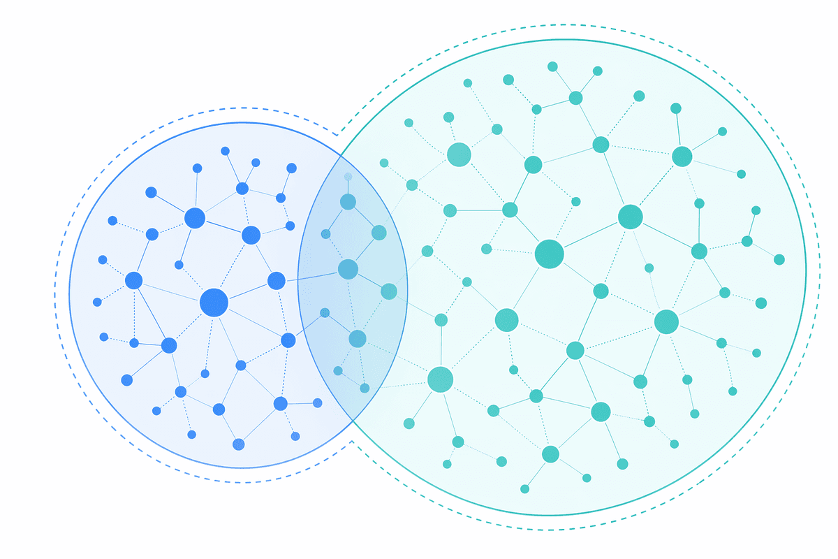 Deux cercles de nœuds de données qui se chevauchent, illustrant un champ d’application réglementaire étroit et un autre plus large