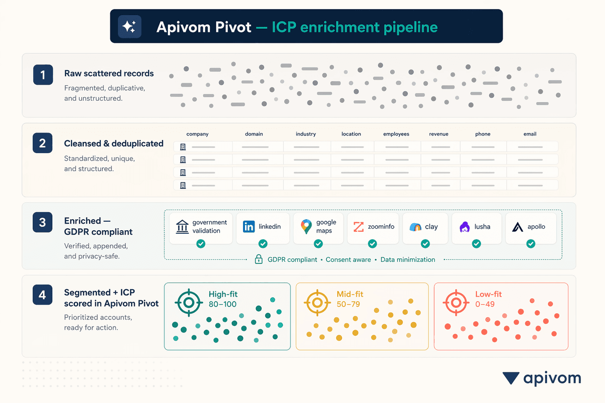 Fiches clients dispersées qui deviennent des segments structurés par ICP, cycle de vie, usage et opportunité