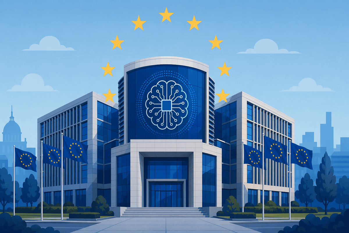 Un bâtiment institutionnel moderne avec un emblème numérique de l’IA entouré d’étoiles de l’UE