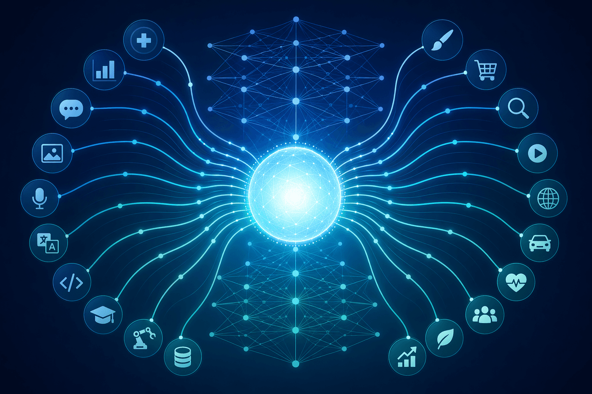 Un nœud central lumineux se ramifiant en de nombreux nœuds d’application plus petits, représentant un modèle de fondation