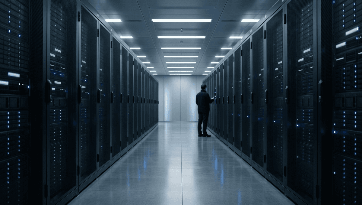 A quiet data center corridor with rows of server racks