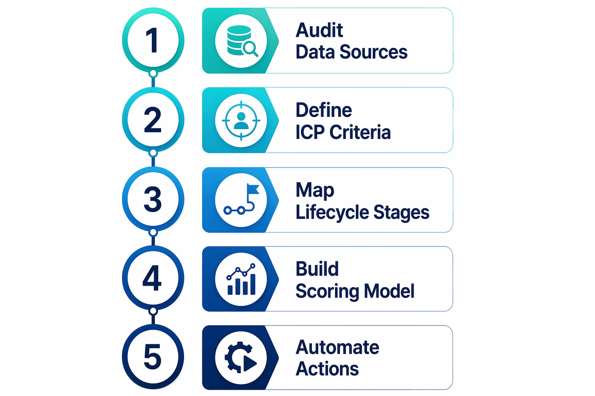 Cadre ICP en cinq étapes : auditer les sources de données, définir les critères ICP, cartographier les étapes du cycle de vie, construire le modèle de scoring, automatiser les actions