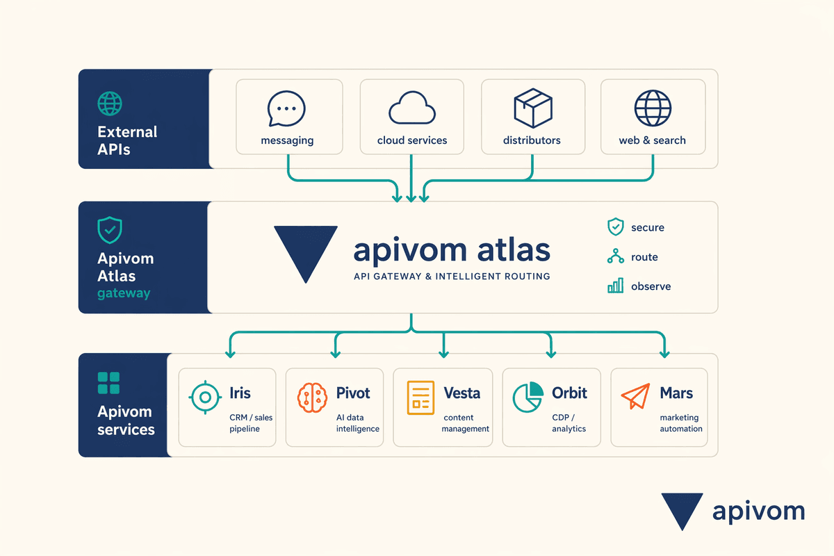 Le hub d’intégration central de la plateforme Apivom connectant plusieurs systèmes métier