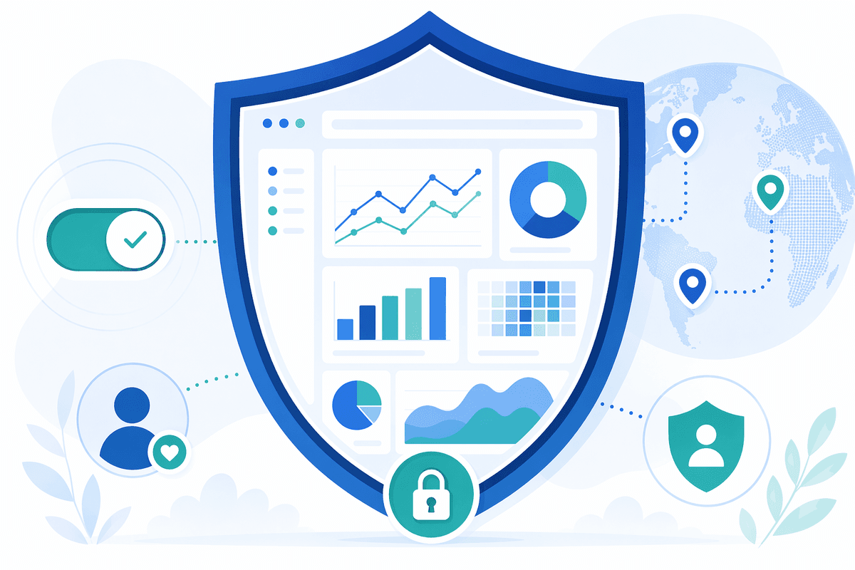 Un tableau de bord analytique privacy-first dont les graphiques sont protégés par un bouclier, avec un interrupteur de consentement