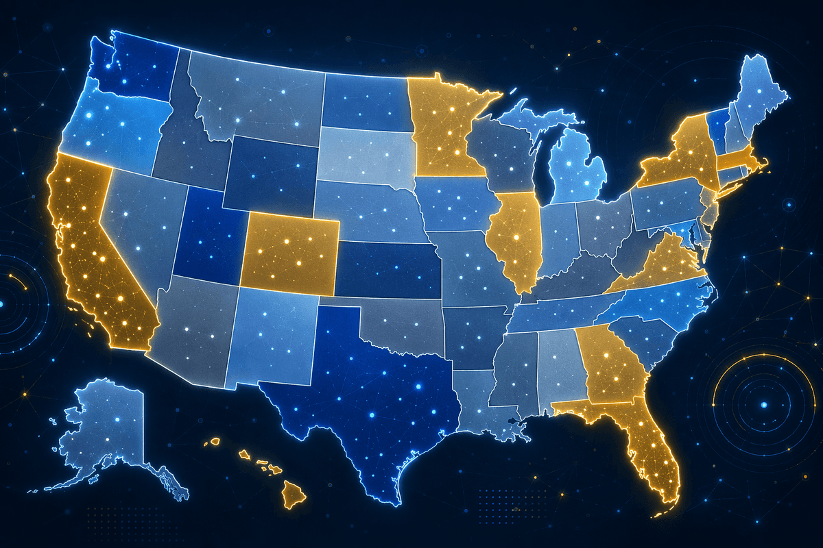 Carte des États-Unis en mosaïque d’États aux nuances différentes, représentant des lois variées sur la vie privée