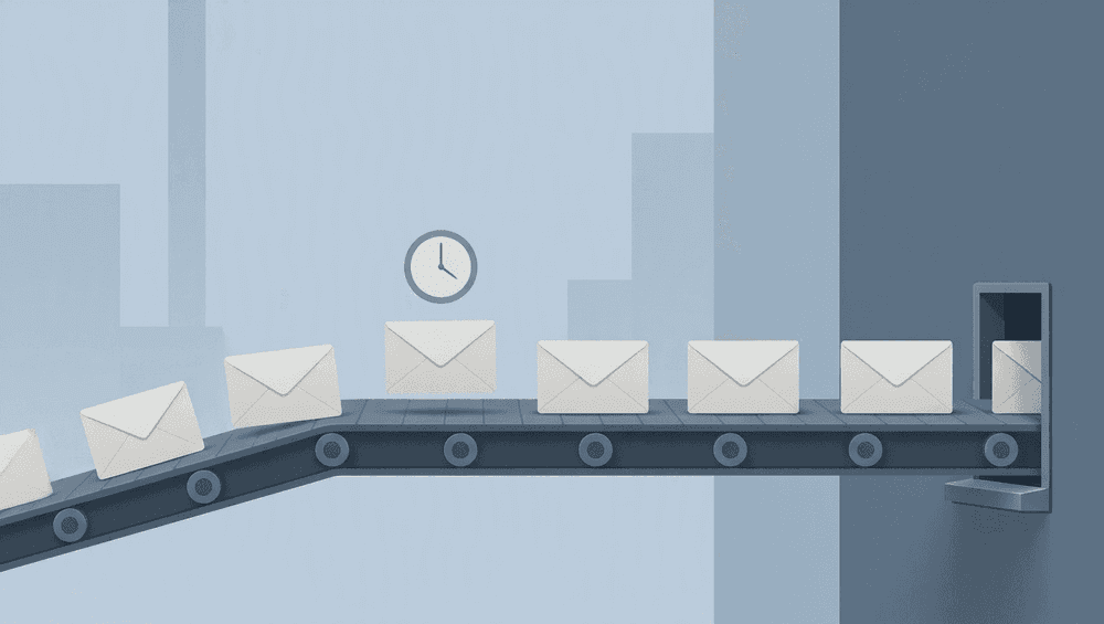 A conveyor belt of identical envelopes queued toward one destination, with one paused envelope showing a clock above it.