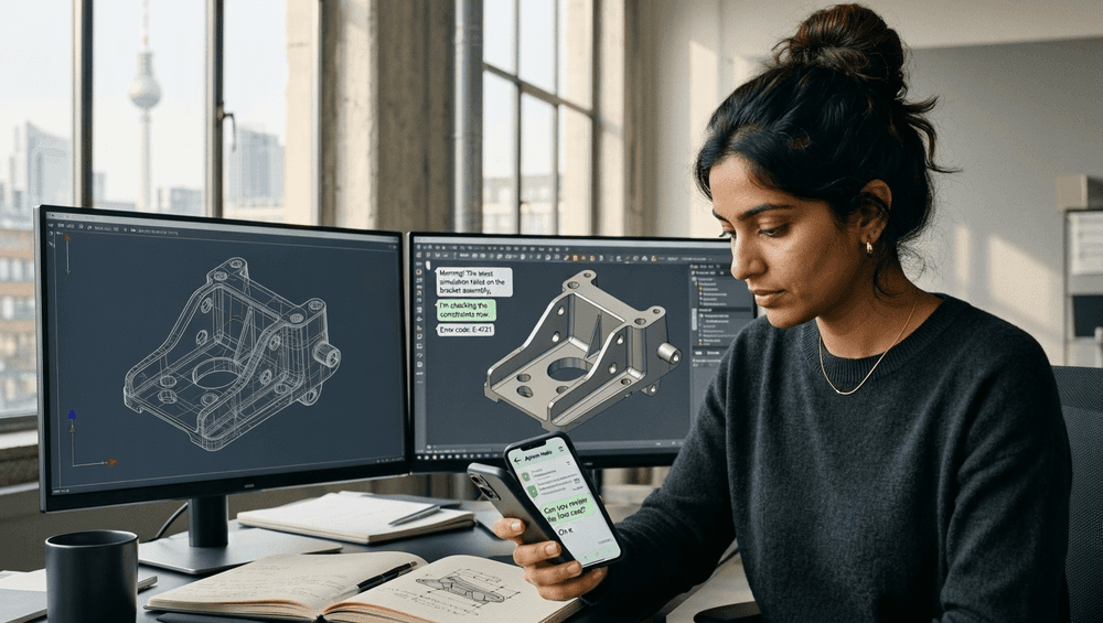 An engineer in a design office sitting in front of two monitors showing a 3D CAD model, looking at an Apivom Halo chat on the phone in their hand