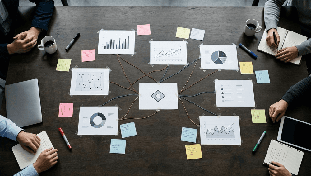 A conference table shows data cards and markers arranged into a renewal decision map.