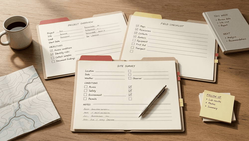 A tidy desk with open file folders showing structured checklists and colored exception flags, representing CRM field review before renewal season.