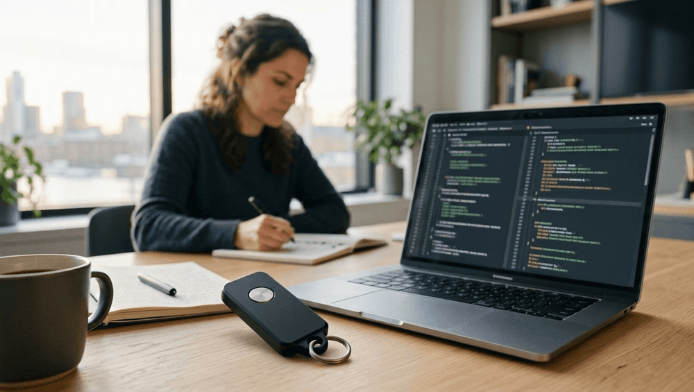 A hardware security key on an engineer's desk next to a laptop showing a code review.