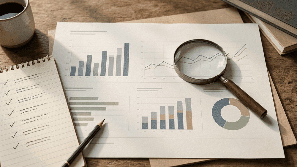 A magnifying glass resting on a printed analytics report beside a notepad with check marks, photographed on a wooden desk.