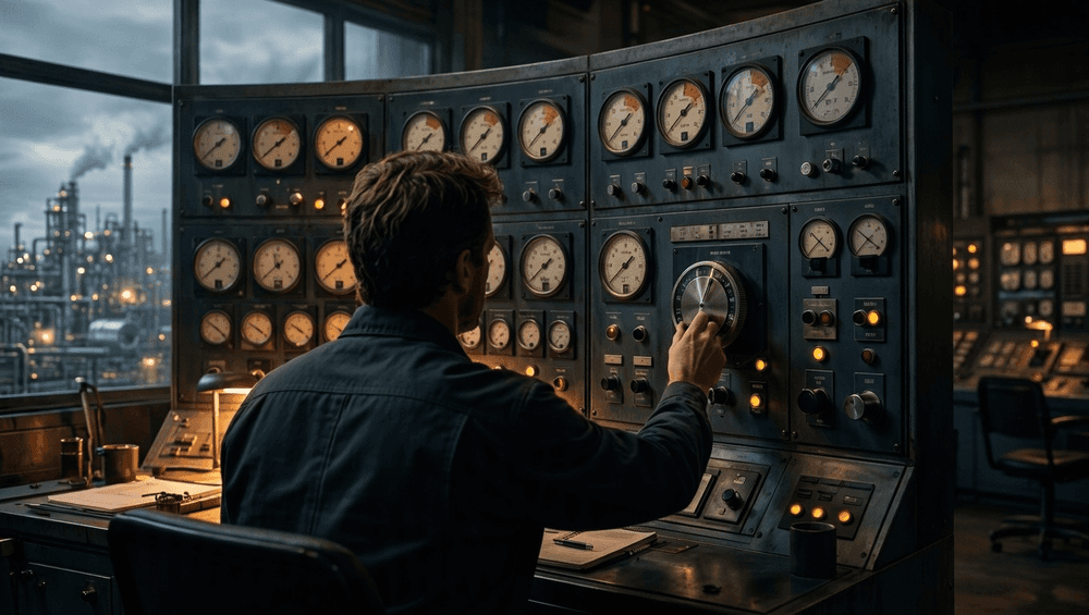A control room operator adjusting a large dial while surrounding gauges approach their limits.
