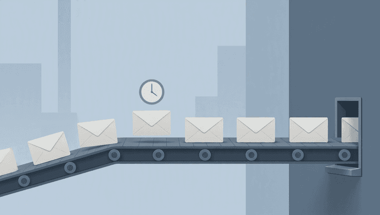 A conveyor belt of identical envelopes queued toward one destination, with one paused envelope showing a clock above it.