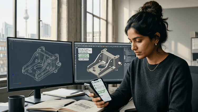 An engineer in a design office sitting in front of two monitors showing a 3D CAD model, looking at an Apivom Halo chat on the phone in their hand