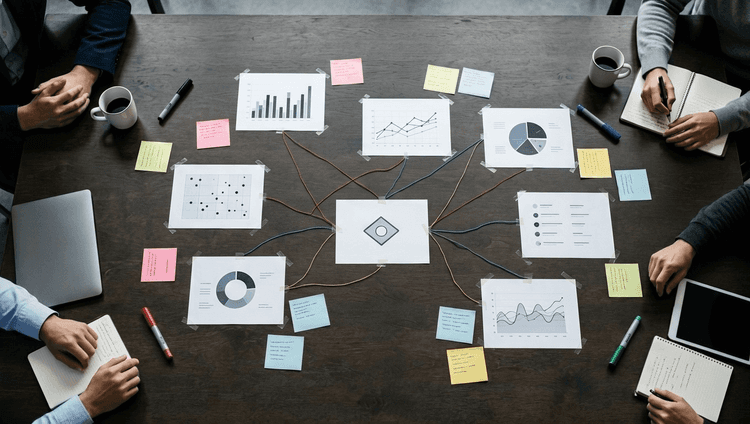 A conference table shows data cards and markers arranged into a renewal decision map.