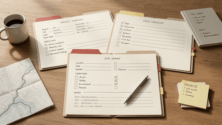 A tidy desk with open file folders showing structured checklists and colored exception flags, representing CRM field review before renewal season.