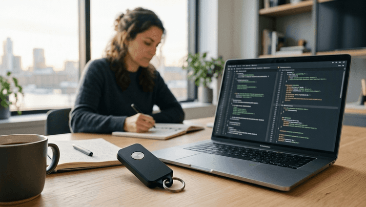 A hardware security key on an engineer's desk next to a laptop showing a code review.
